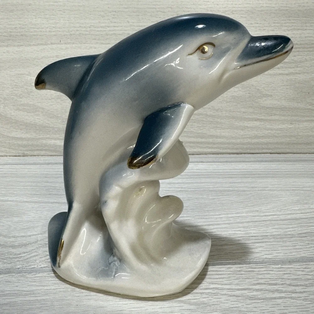 Ceramic Dolphin Figurine w/ Gold Accents 6.75 x 6 x 2.75
